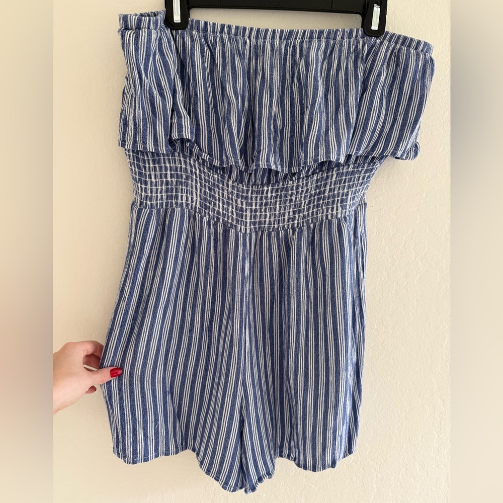 American Eagle Blue and White Striped Tube Top Romper